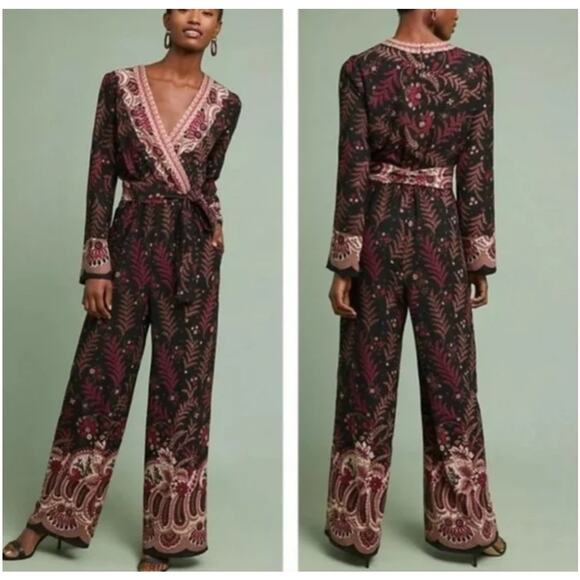 One September Jumpsuit  Wide Leg Wrap Bodice Embroidered Black Burgundy Boho XS - Picture 1 of 14
